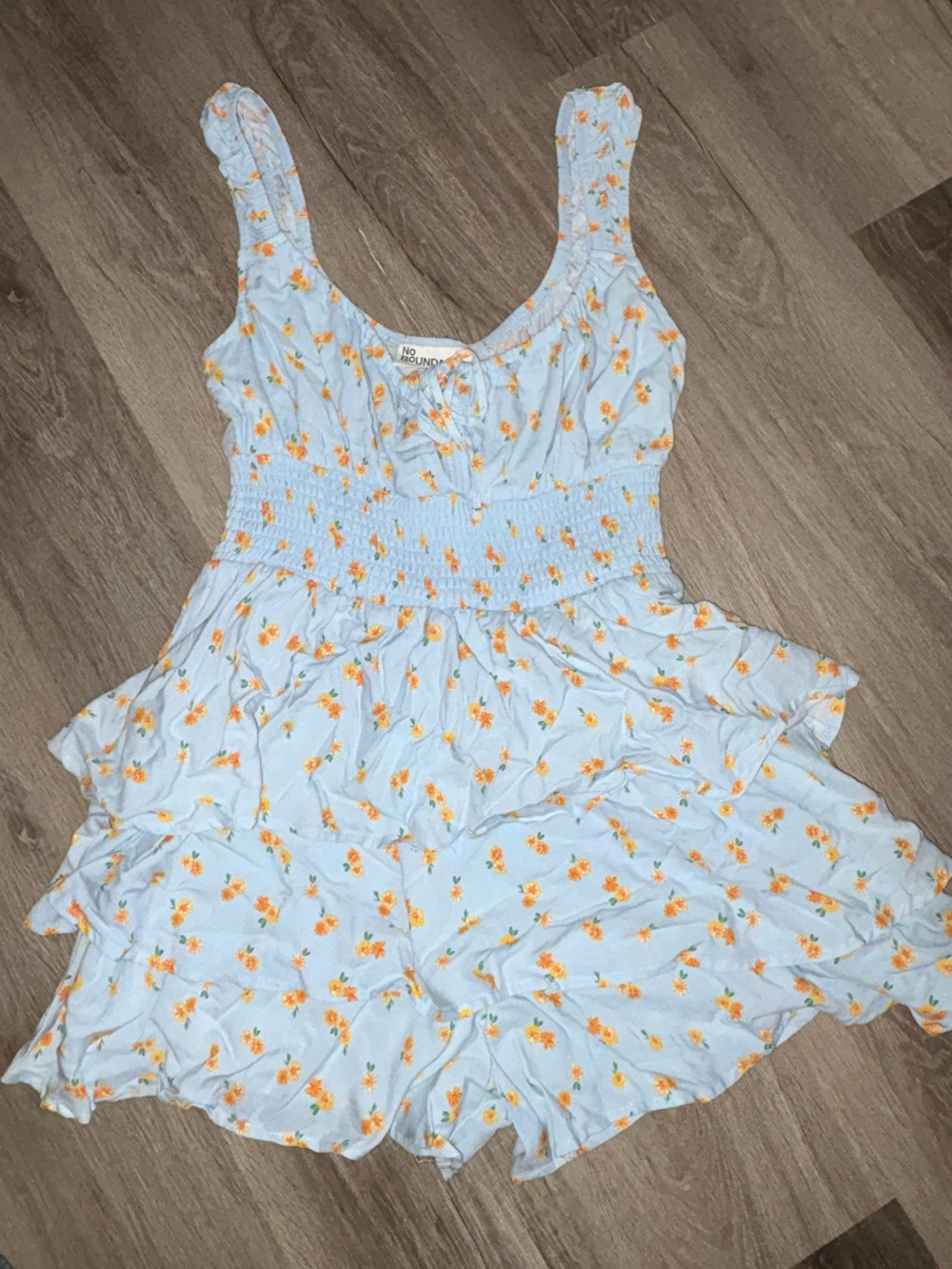 No Boundaries Light Blue Floral Romper with Yellow Blossoms